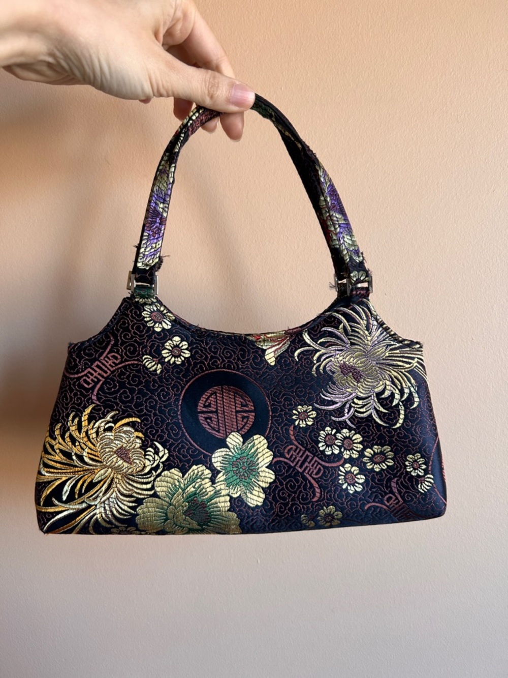Sold: Elegant Black Floral Brocade Shoulder Bag